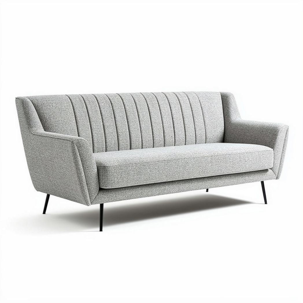 grijs stoffen bank met gestreepte rug en metalen poten 180 x 85 x 75cm