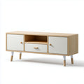 Lage houten tv-kast met ribbeldeurtjes en metalen poten 150 x 40 x 50cm