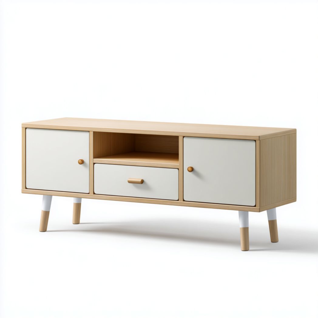 Lage houten tv-kast met ribbeldeurtjes en metalen poten 150 x 40 x 50cm