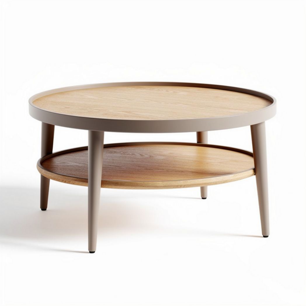 salontafel met rond blad van eikenhout en onderblad in grijs 80 x 80 x 40cm