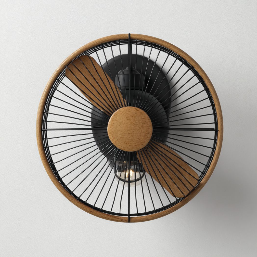 Wandlamp met houten ventilatorbladen van staal en koper 30 x 20 x 10cm