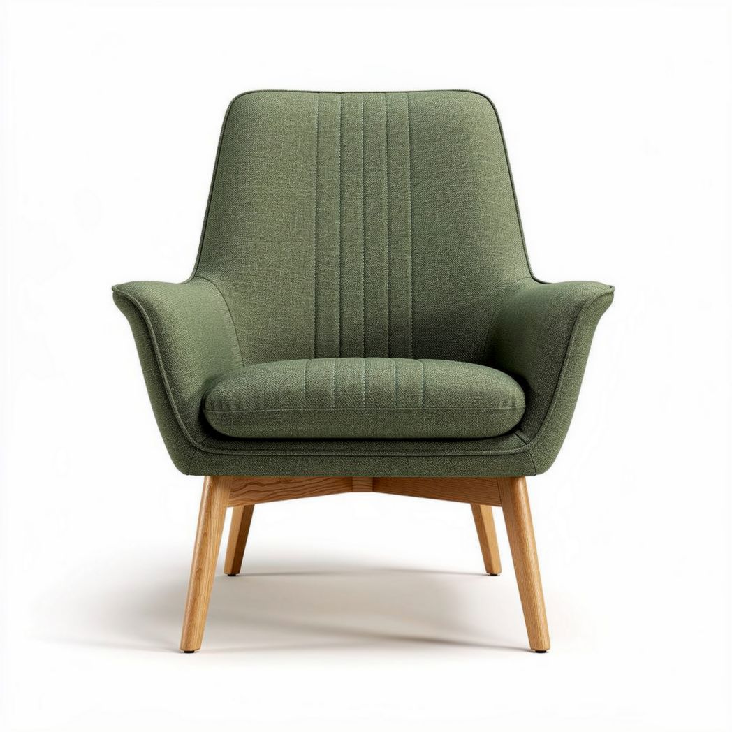 Groene stoffen fauteuil met houten poten en afmetingen 80 x 70 x 90cm